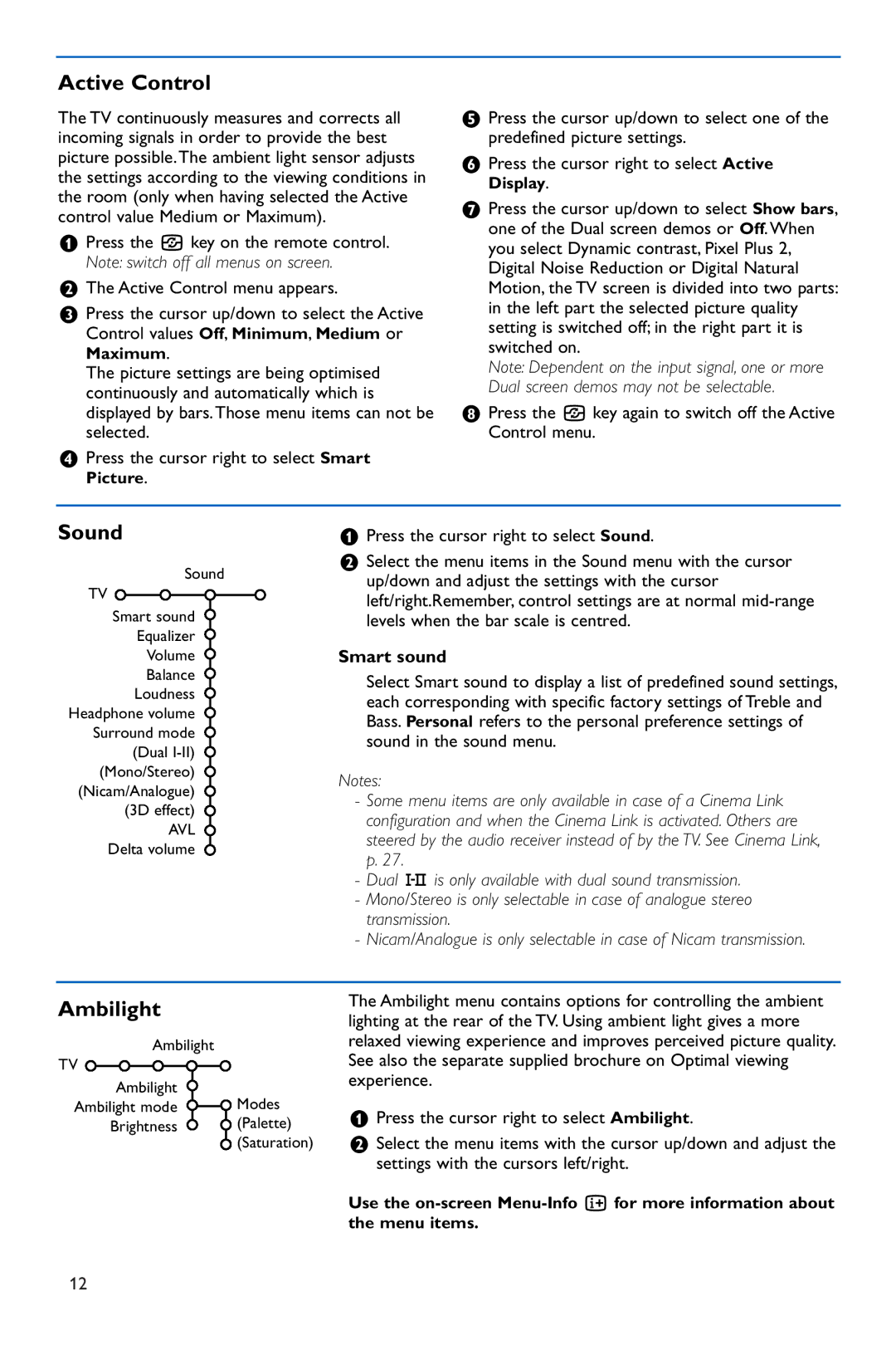 Philips 42PF9986 manual Active Control, Sound, Ambilight, Smart sound 