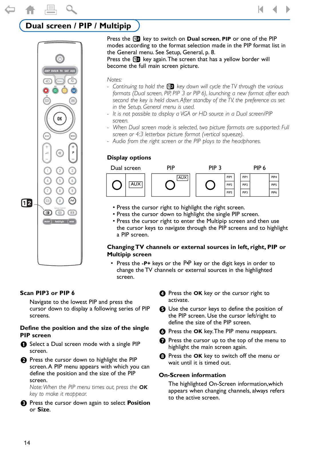 Philips 42PF9986 manual Dual screen / PIP / Multipip, Display options, Scan PIP3 or PIP, On-Screen information 