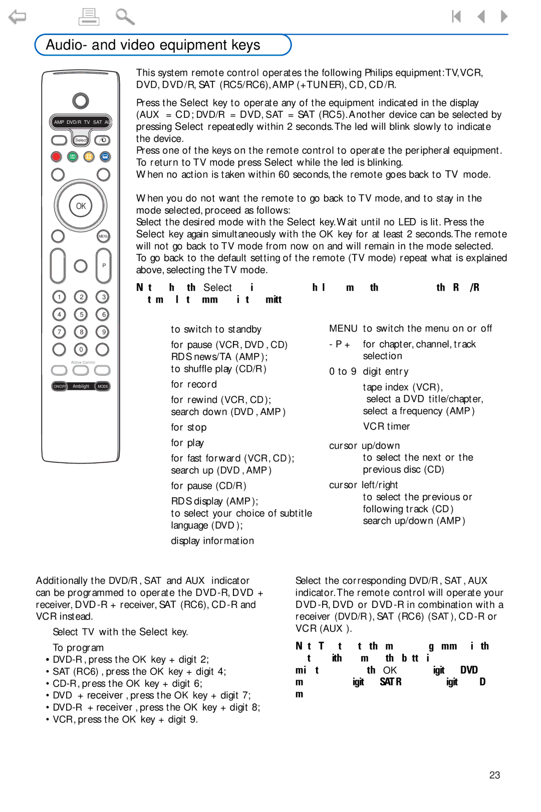 Philips 42PF9986 manual Audio- and video equipment keys 