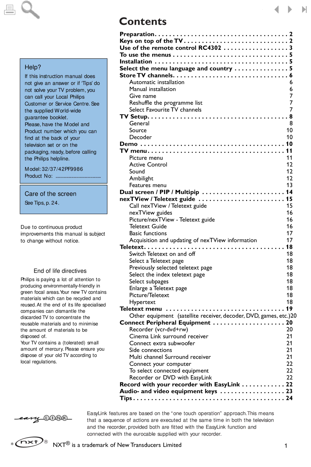 Philips 42PF9986 manual Contents 