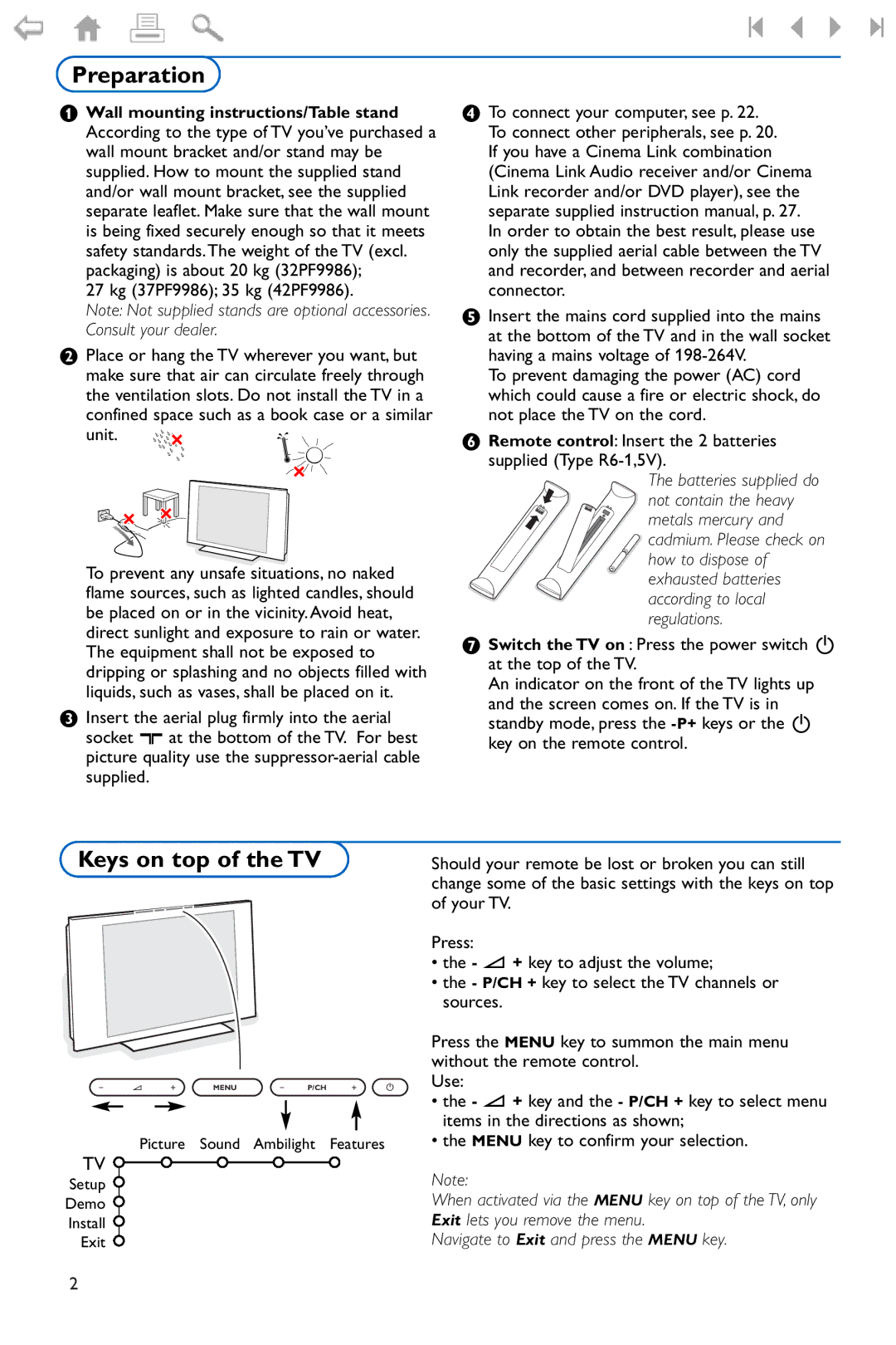 Philips manual Preparation, Keys on top of the TV, 27 kg 37PF9986 35 kg 42PF9986, Unit 