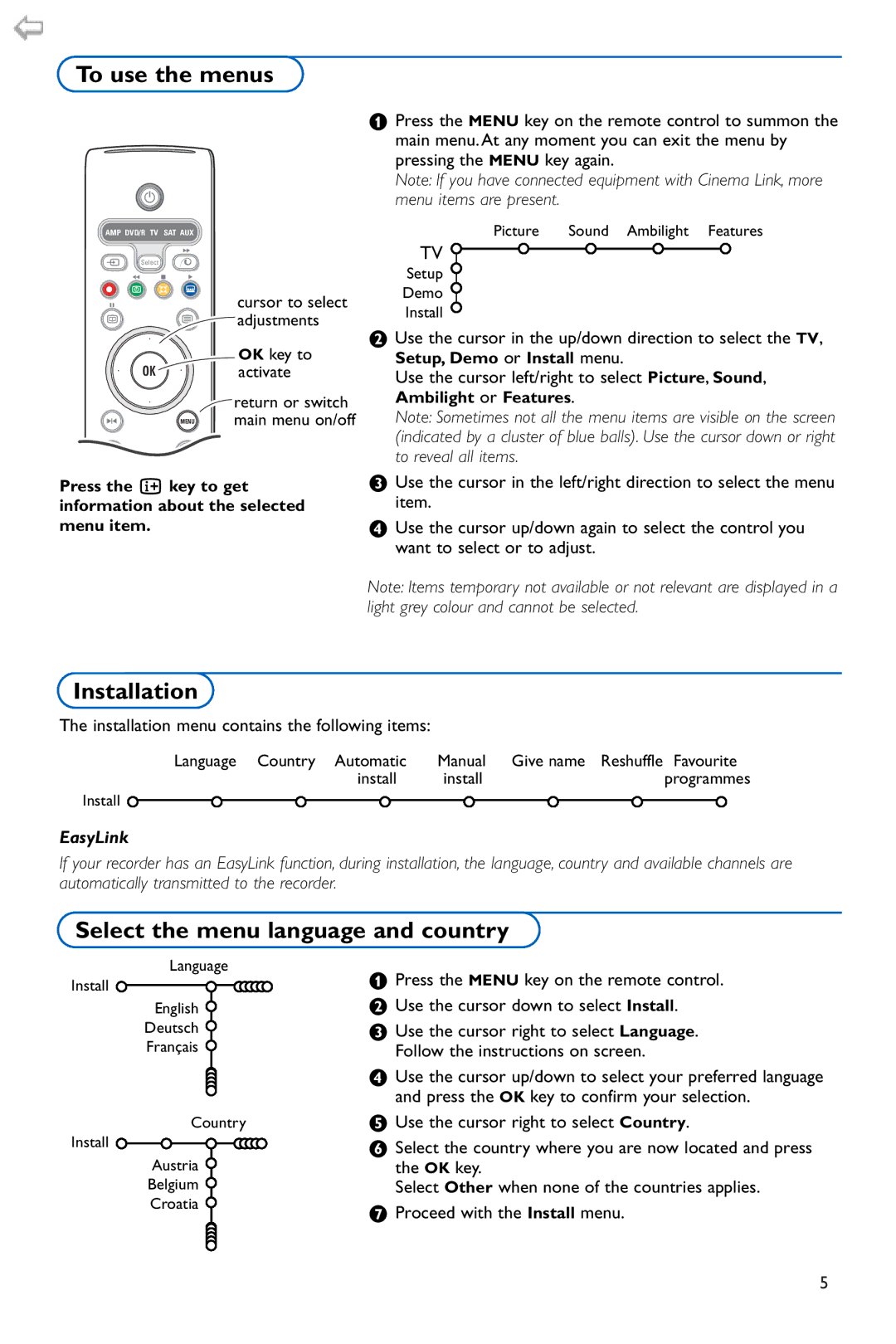 Philips 42PF9986 manual To use the menus, Installation, Select the menu language and country 