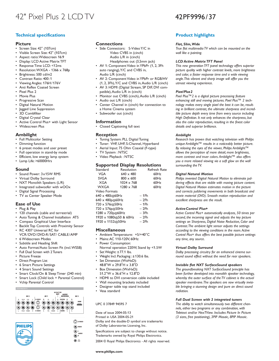 Philips 42PF9996/37 manual Picture, Ambilight, Sound, Ease of Use, Connections, Information, Reception, Miscellaneous 