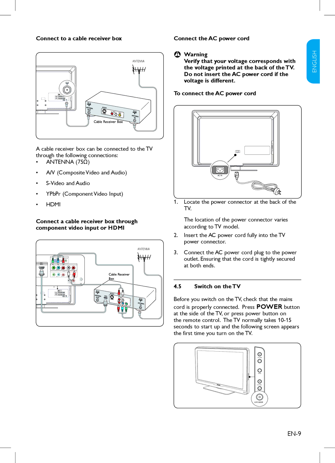 Philips 37PFL3403 Connect to a cable receiver box, Composite Video and Audio YPbPr Component Video Input, Switch on the TV 