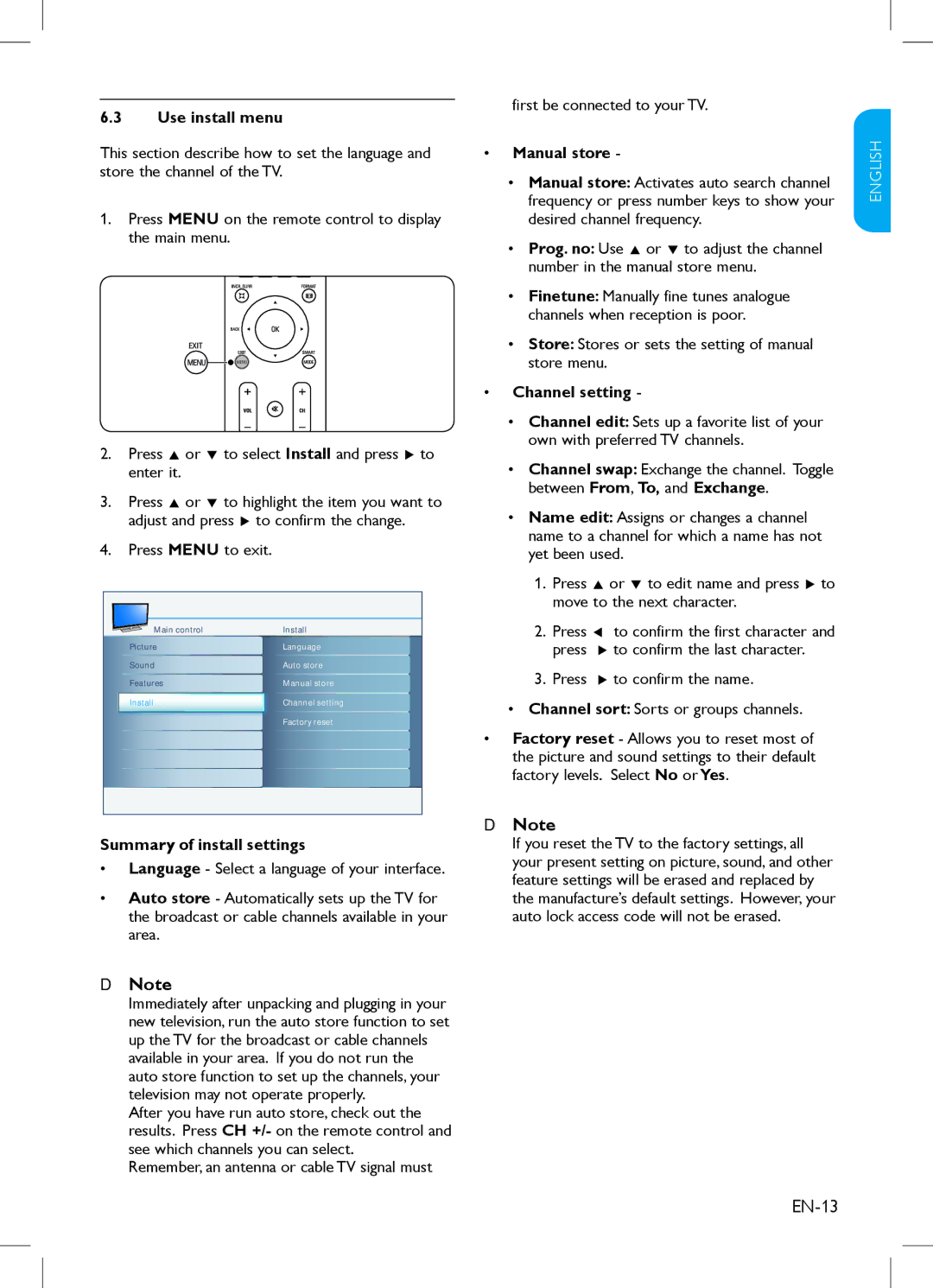 Philips 47PFL3403, 42PFL3403, 32PFL3403 Use install menu, Summary of install settings, Manual store, Channel setting 