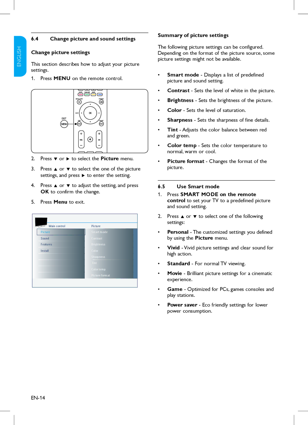 Philips 32HFL3330 Change picture and sound settings, Settings Press Menu on the remote control, OK to confirm the change 