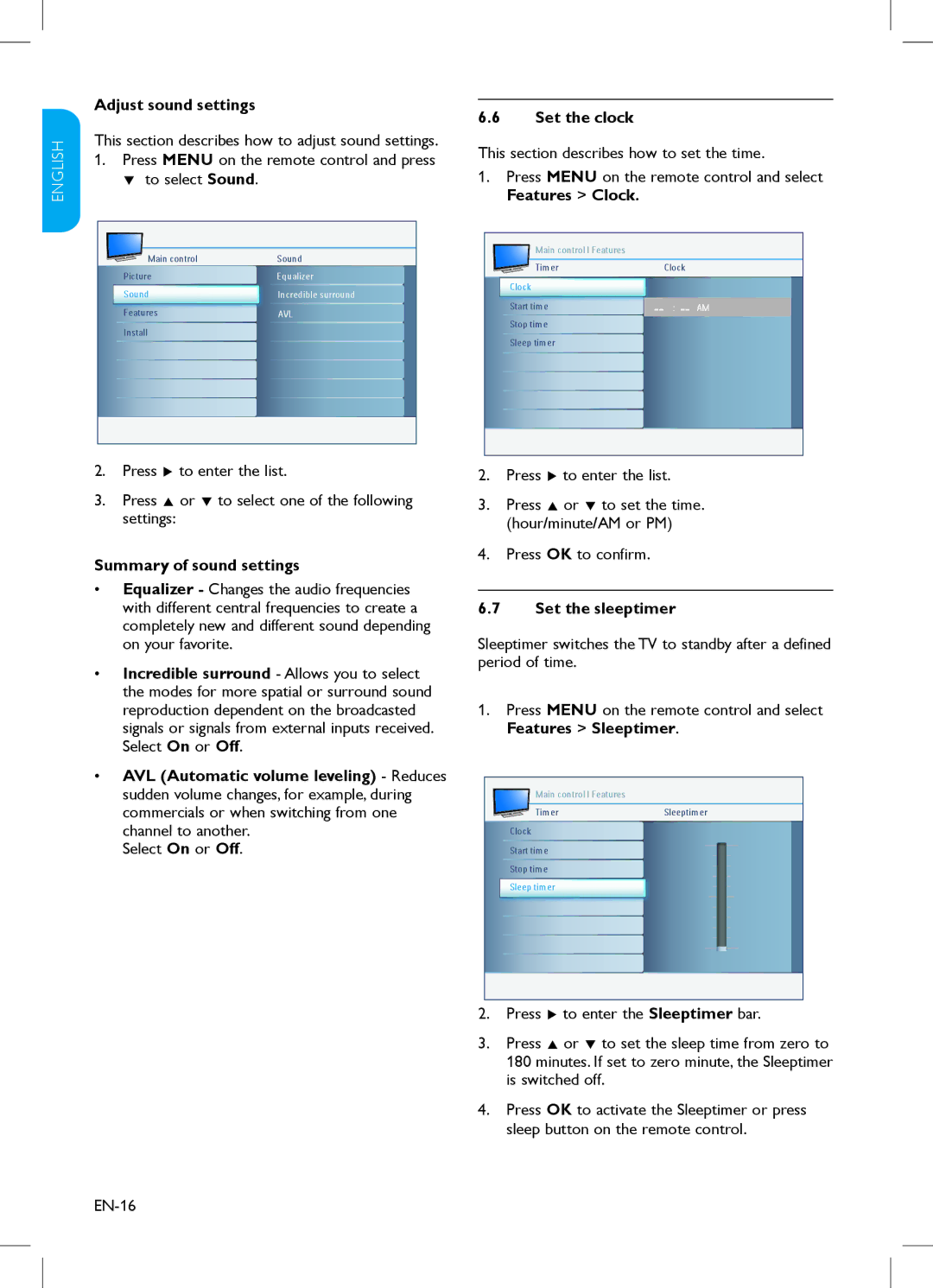 Philips 37HFL3330, 42PFL3403, 32PFL3403, 47PFL3403, 32HFL3330 Summary of sound settings, Set the clock, Set the sleeptimer 