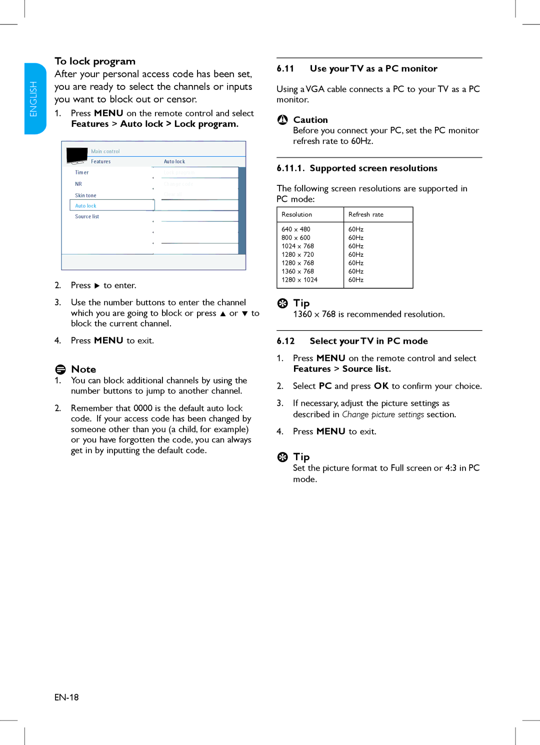 Philips 32PFL3403, 42PFL3403 To lock program, Use your TV as a PC monitor, BB Caution, Supported screen resolutions 