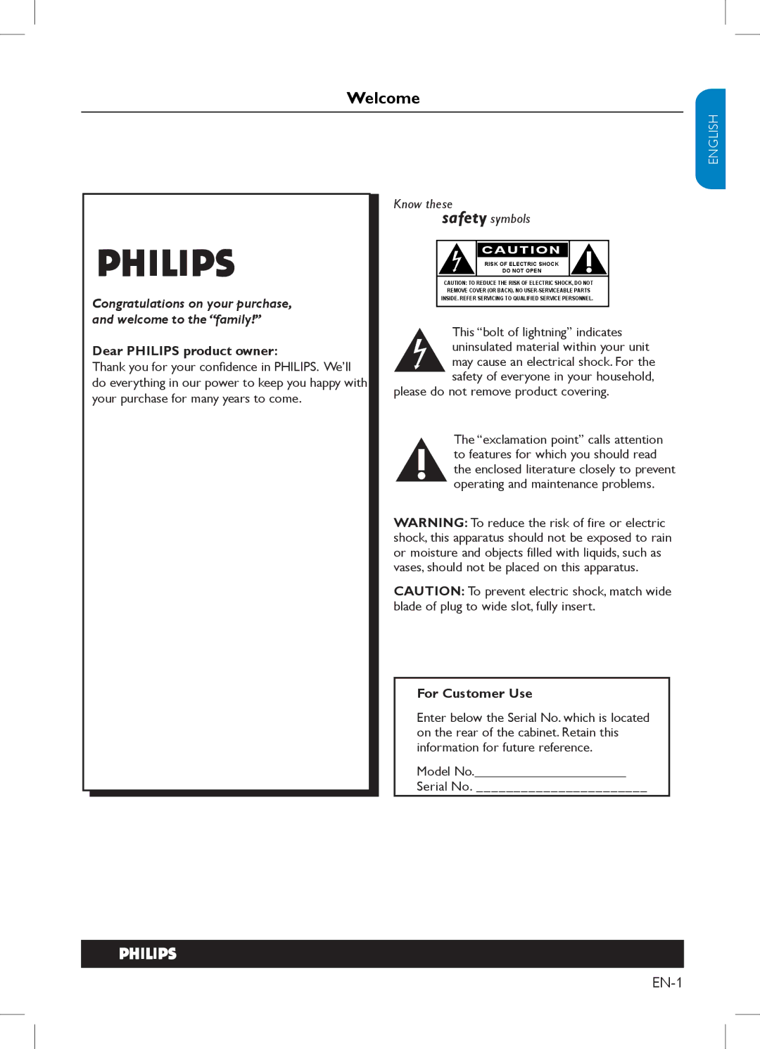 Philips 47PFL3403 Dear Philips product owner, Please do not remove product covering, For Customer Use, Model No Serial No 