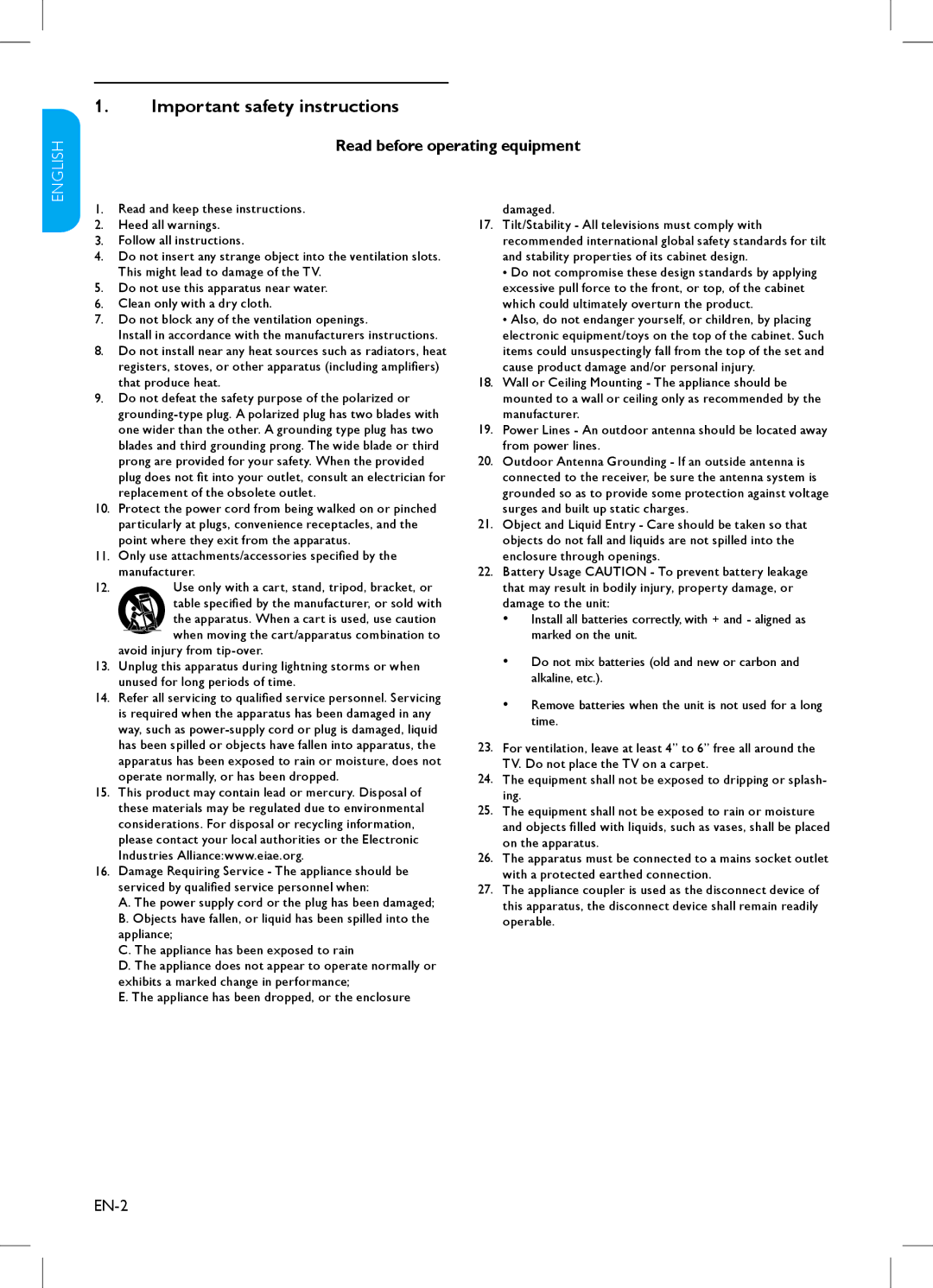 Philips 32HFL3330, 42PFL3403, 32PFL3403, 47PFL3403 Important safety instructions, Read before operating equipment, EN-2 