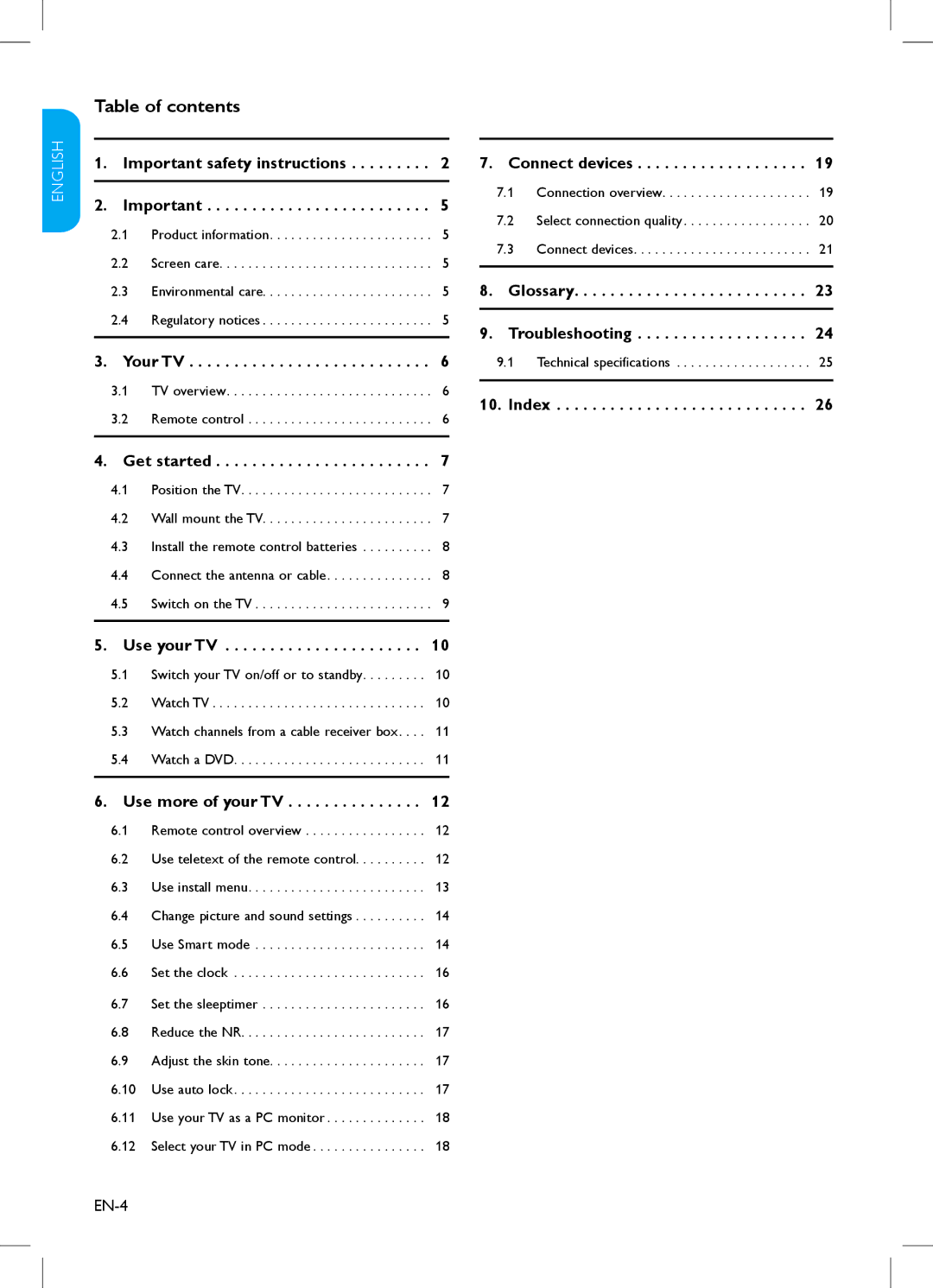 Philips 37HFL3330, 42PFL3403, 32PFL3403, 47PFL3403, 32HFL3330, 37PFL3403 user manual Table of contents 