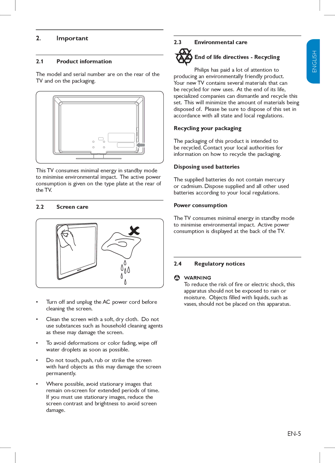 Philips 42PFL3403 Product information, Screen care, Environmental care End of life directives Recycling, Power consumption 