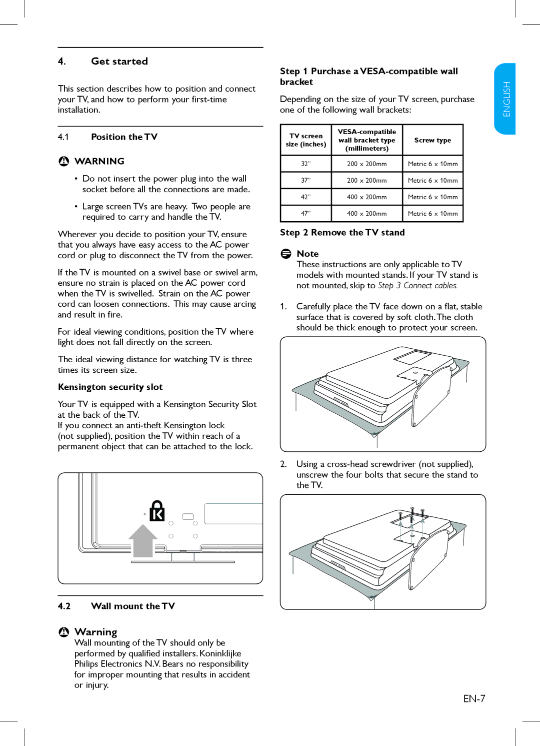 Philips 47PFL3403, 42PFL3403, 32PFL3403, 32HFL3330, 37PFL3403, 37HFL3330 user manual Get started, BB Warning 