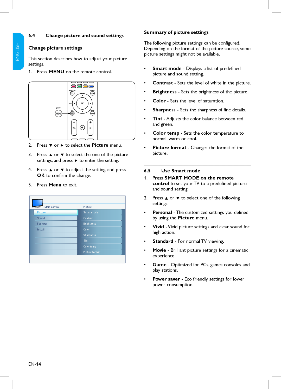 Philips 32HFL3330 6.4Change picture and sound settings, Française, Español, Summary of picture settings, 6.5Use Smart mode 