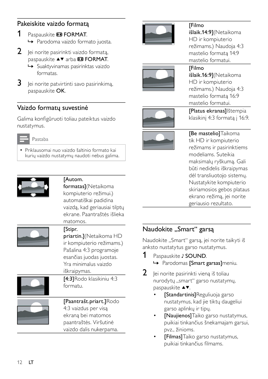 Philips 42PFL3404D/12 manual Pakeiskite vaizdo formatą, Vaizdo formatų suvestinė, Naudokite „Smart garsą 