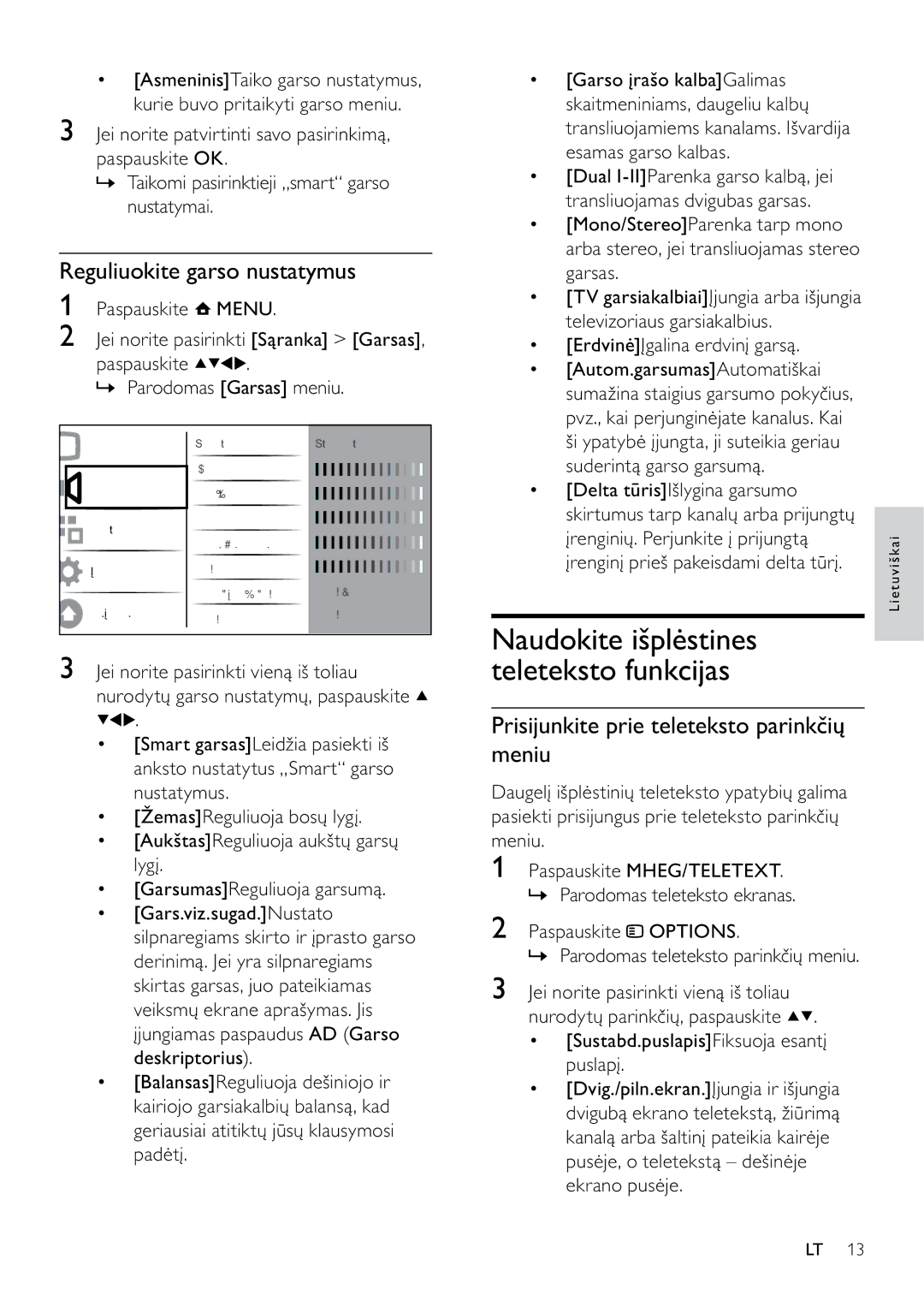 Philips 42PFL3404D/12 manual Reguliuokite garso nustatymus, Prisijunkite prie teleteksto parinkčių meniu 