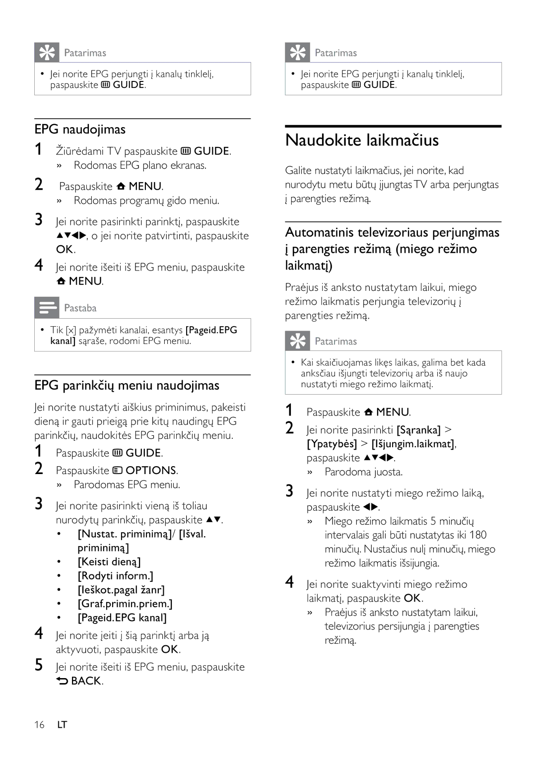 Philips 42PFL3404D/12 manual Naudokite laikmačius, EPG naudojimas, EPG parinkčių meniu naudojimas, Paspauskite Guide 