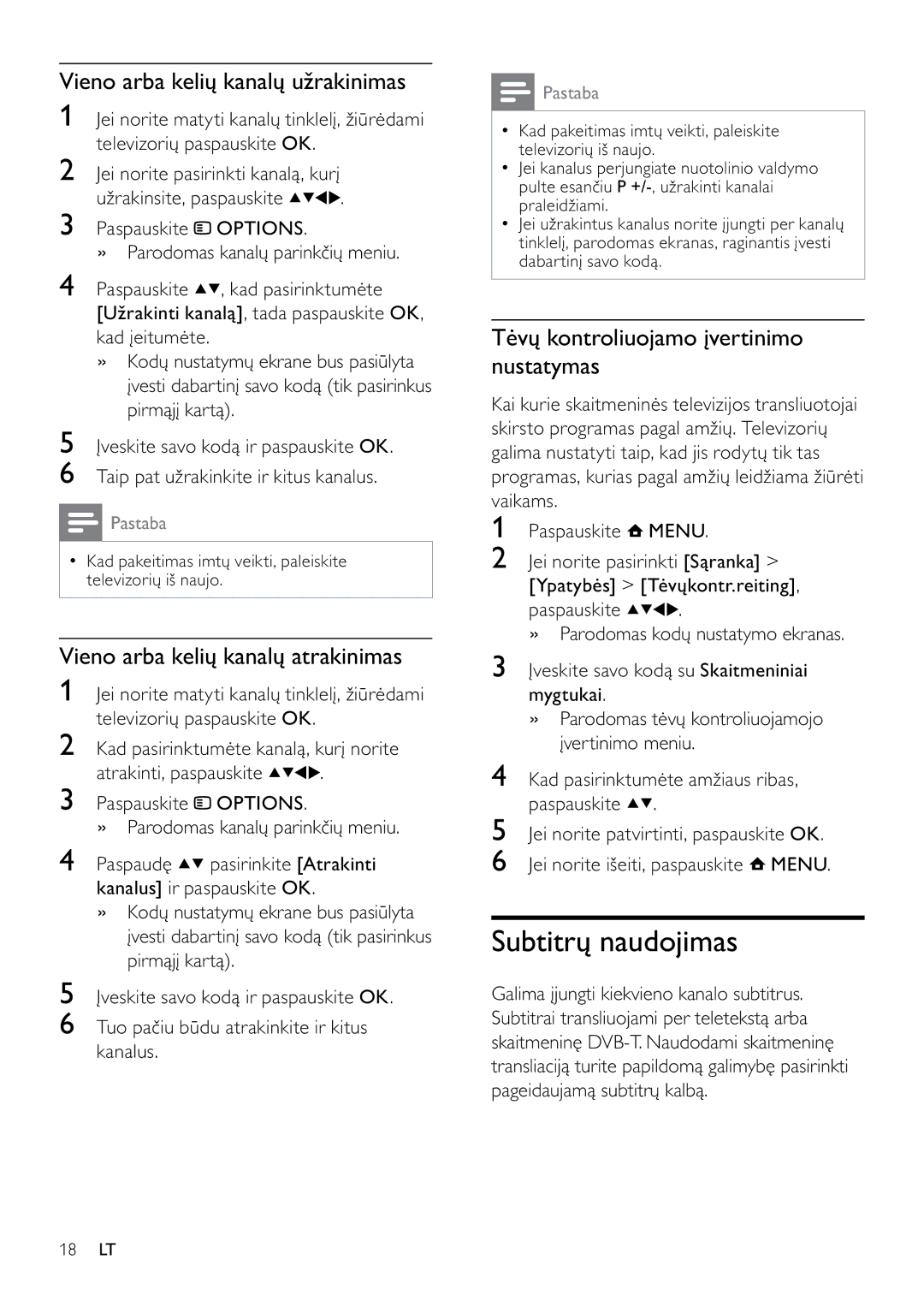 Philips 42PFL3404D/12 manual Subtitrų naudojimas, Vieno arba kelių kanalų užrakinimas, Vieno arba kelių kanalų atrakinimas 