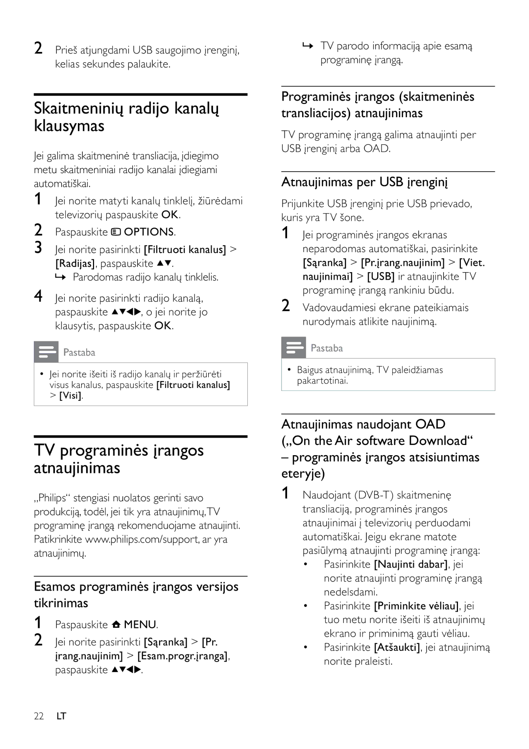 Philips 42PFL3404D/12 manual Skaitmeninių radijo kanalų klausymas, TV programinės įrangos atnaujinimas 