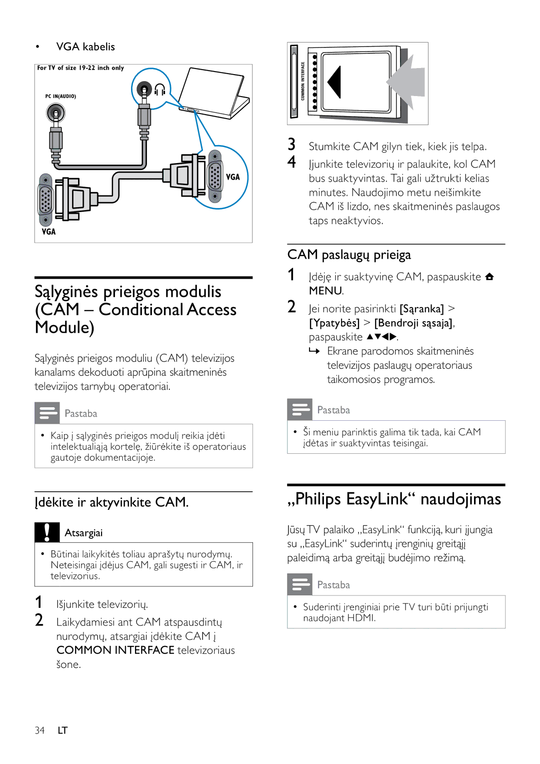 Philips 42PFL3404D/12 manual „Philips EasyLink naudojimas, CAM paslaugų prieiga, Įdėkite ir aktyvinkite CAM, VGA kabelis 