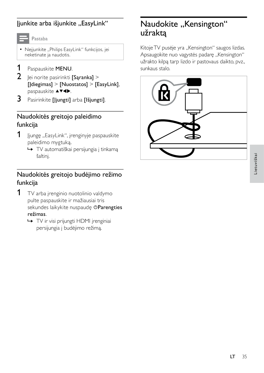 Philips 42PFL3404D/12 manual Naudokite „Kensington užraktą, Įjunkite arba išjunkite „EasyLink 