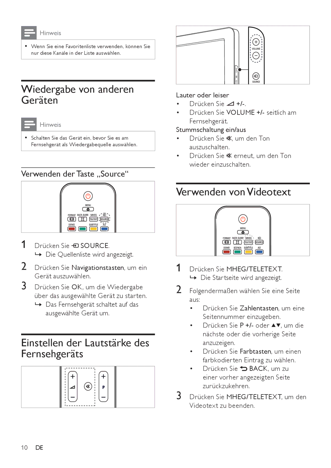 Philips 26PFL3404/60 Wiedergabe von anderen Geräten, Einstellen der Lautstärke des Fernsehgeräts, Verwenden von Videotext 