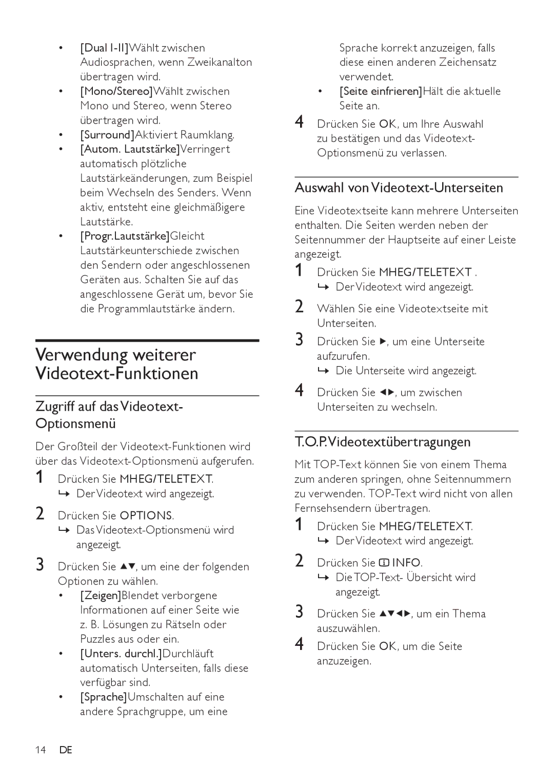 Philips 22PFL3404/60, 42PFL3604/12 manual Verwendung weiterer Videotext-Funktionen, Zugriff auf das Videotext Optionsmenü 