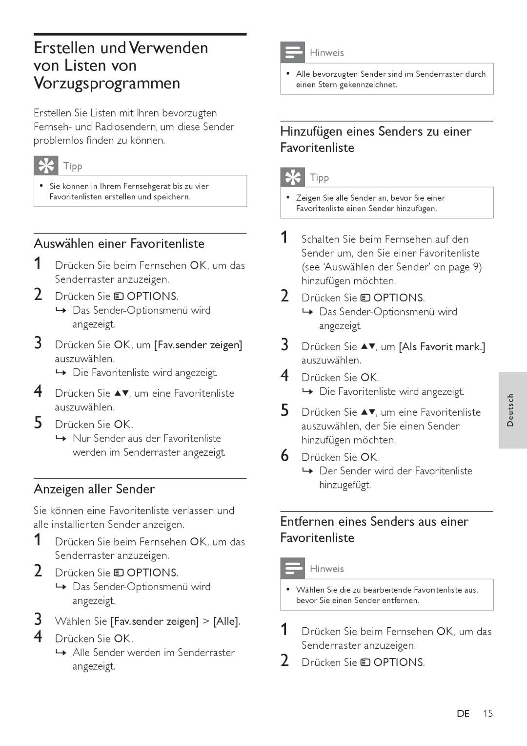 Philips 22PFL3404/12 manual Erstellen und Verwenden von Listen von Vorzugsprogrammen, Auswählen einer Favoritenliste 