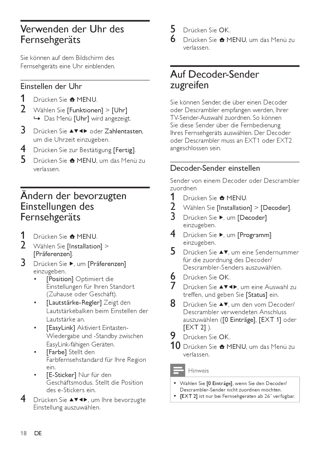 Philips 42PFL3604/12 manual Verwenden der Uhr des Fernsehgeräts, Ändern der bevorzugten Einstellungen des Fernsehgeräts 