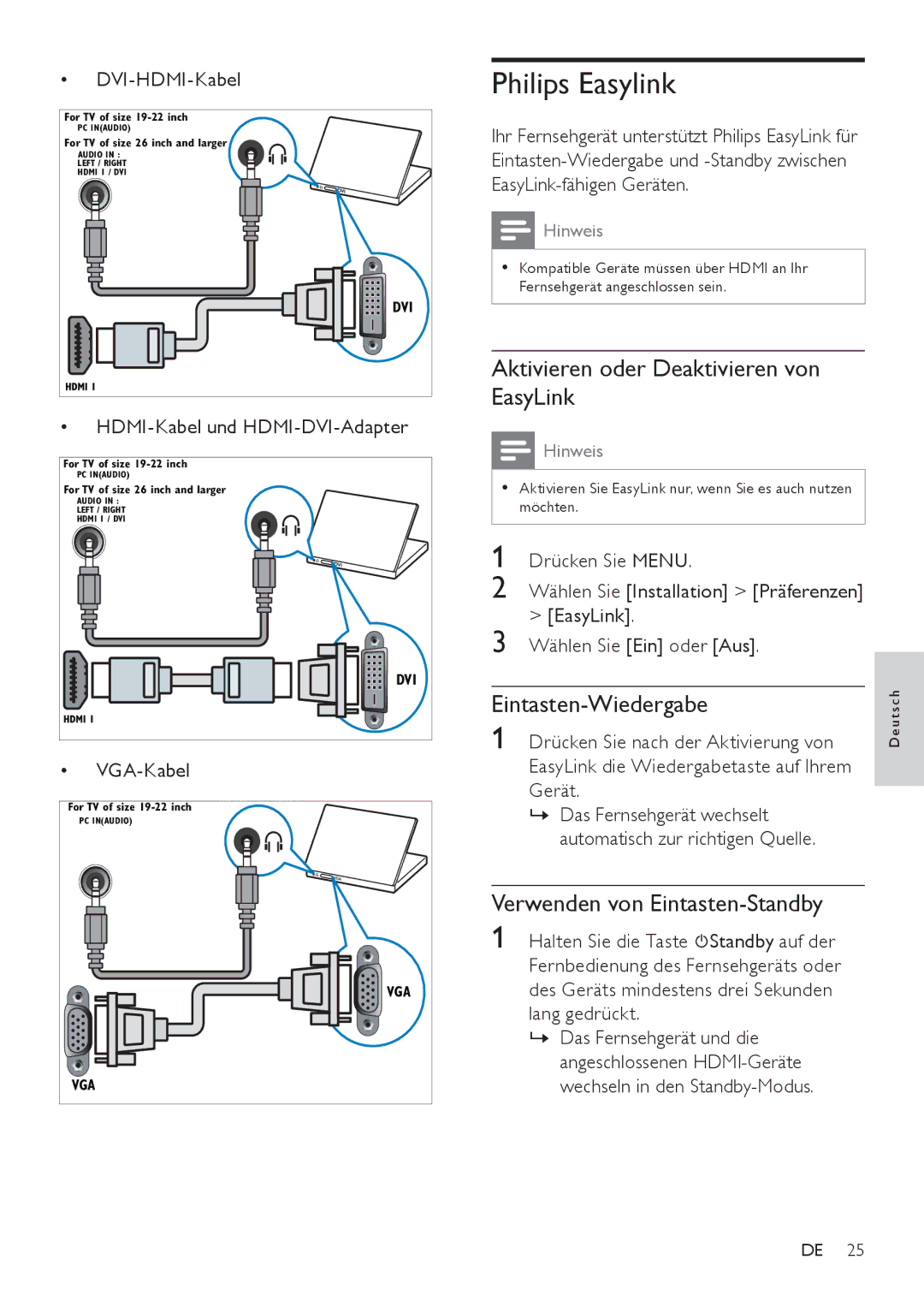 Philips 22PFL3404/12 manual Philips Easylink, Aktivieren oder Deaktivieren von EasyLink, Verwenden von Eintasten-Standby 