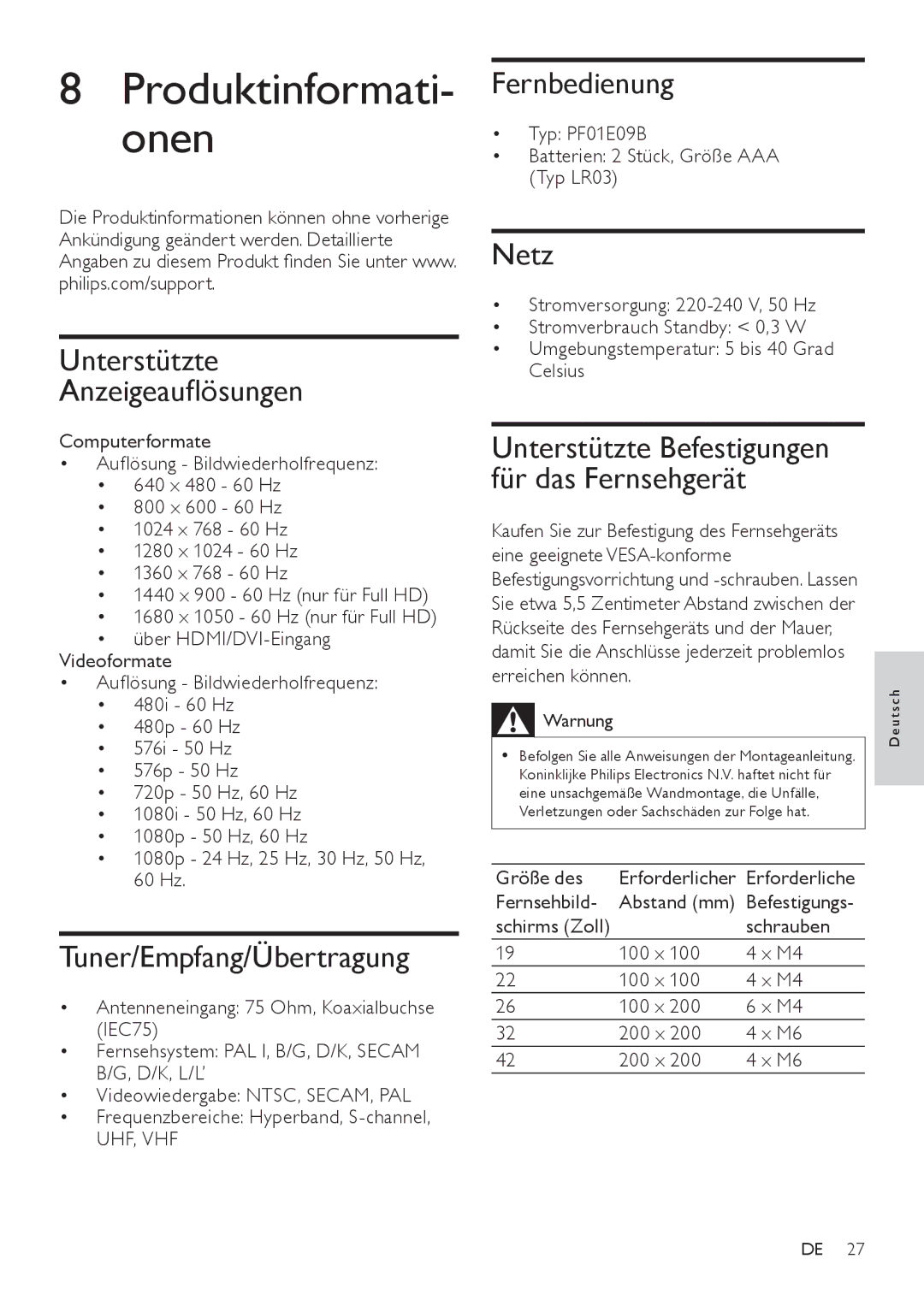 Philips 32PFL3404/12, 42PFL3604/12 manual Unterstützte Anzeigeauﬂösungen, Tuner/Empfang/Übertragung, Fernbedienung, Netz 