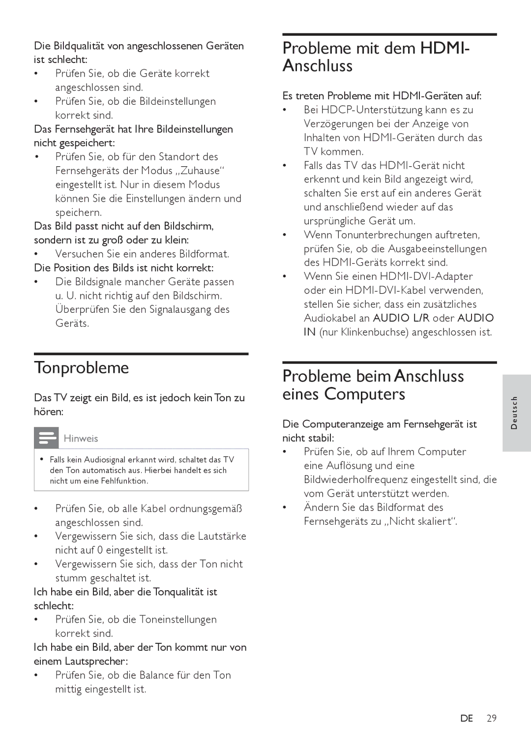 Philips 42PFL3604/60, 42PFL3604/12 Tonprobleme, Probleme mit dem HDMI- Anschluss, Probleme beim Anschluss Eines Computers 