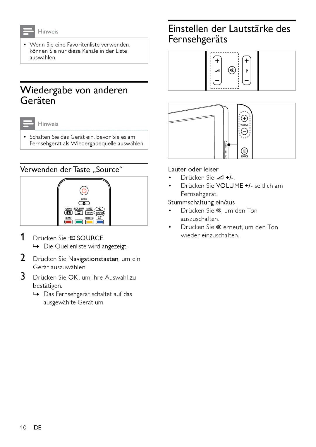 Philips 26PFL3404D/12, 42PFL3604D/12 manual Wiedergabe von anderen Geräten, Einstellen der Lautstärke des Fernsehgeräts 