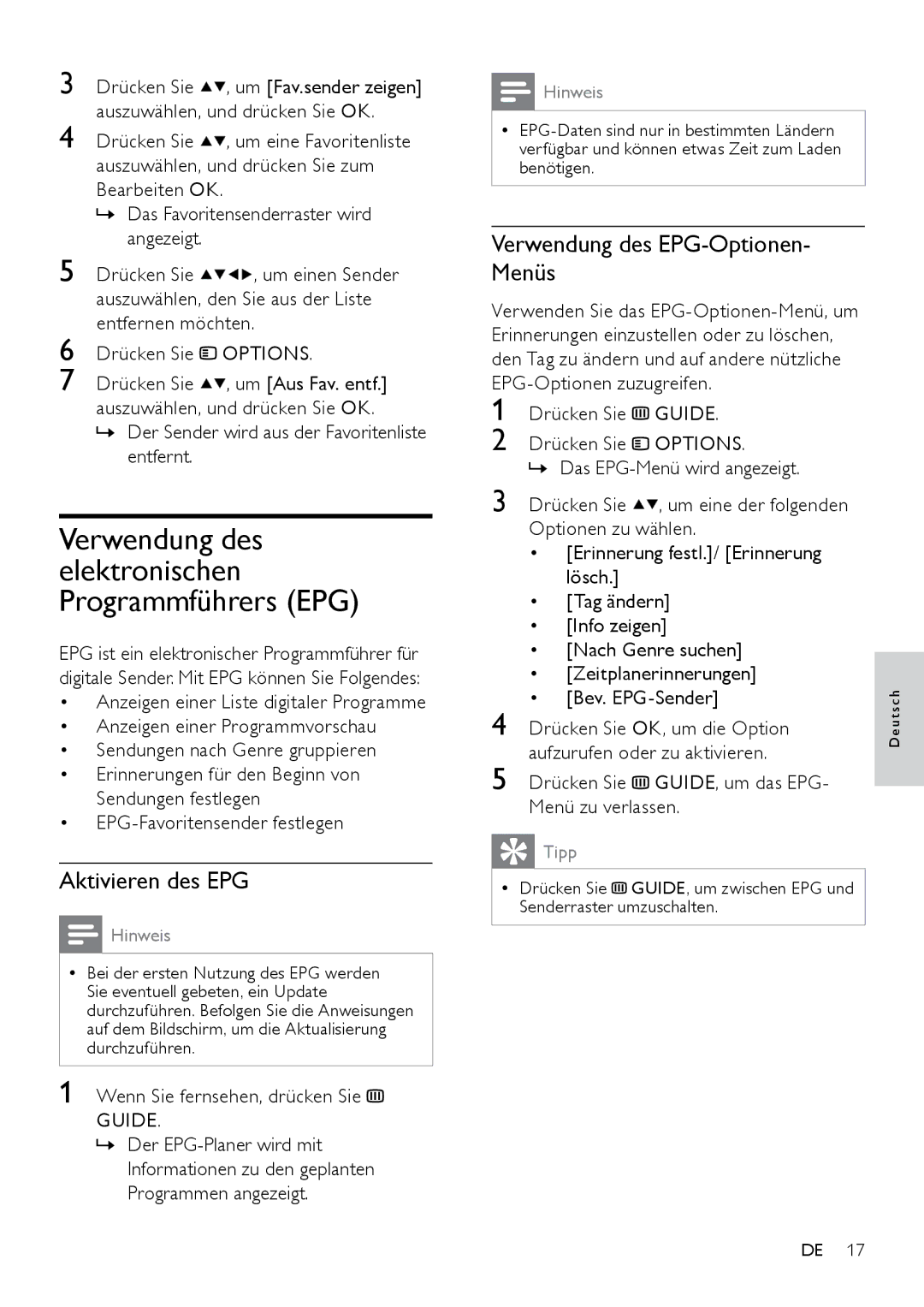 Philips 19PFL3404D/12, 42PFL3604D/12, 26PFL3404D/12 Verwendung des elektronischen Programmführers EPG, Aktivieren des EPG 