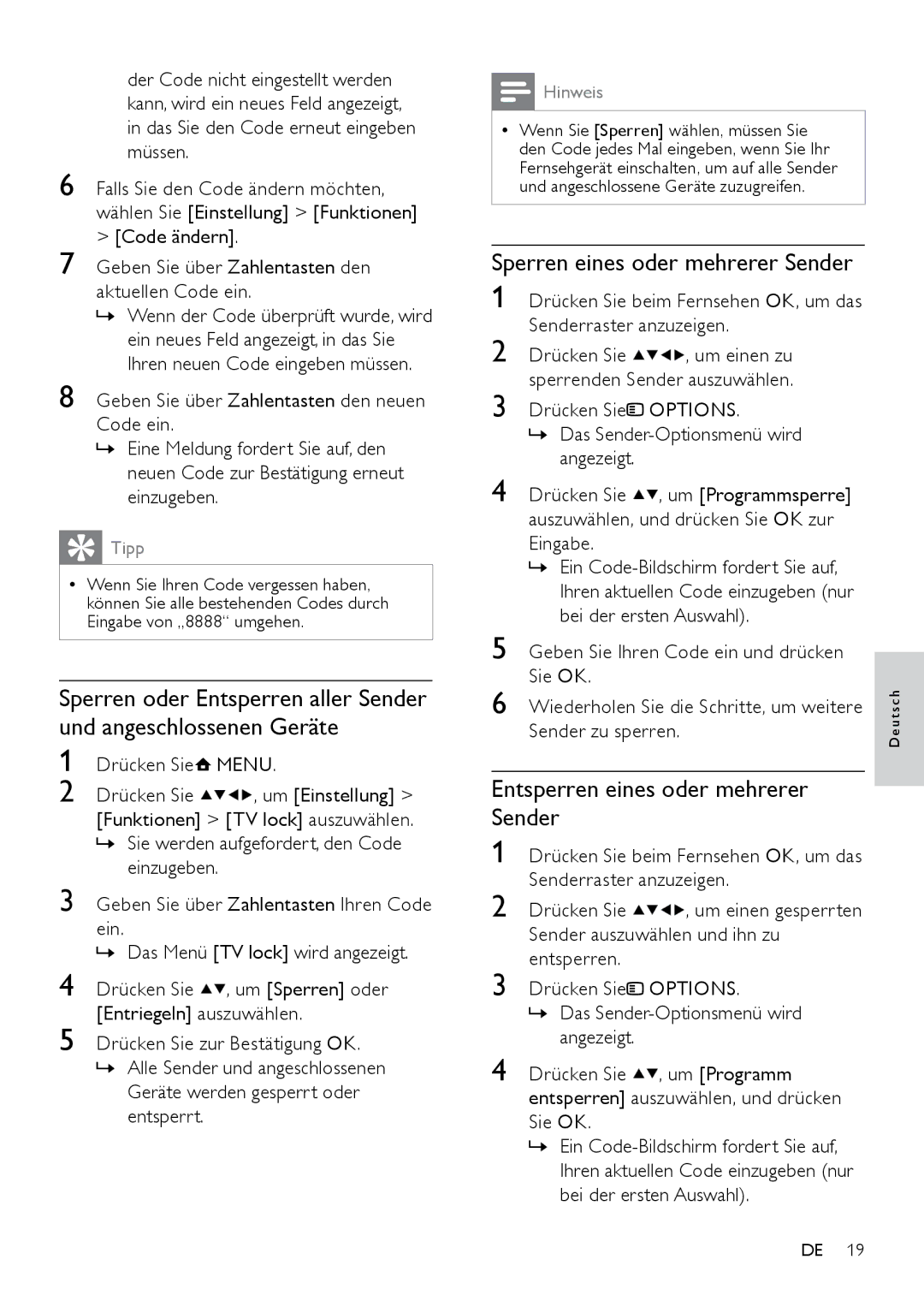 Philips 26PFL3404D/05, 42PFL3604D/12 manual Sperren eines oder mehrerer Sender, Entsperren eines oder mehrerer Sender 