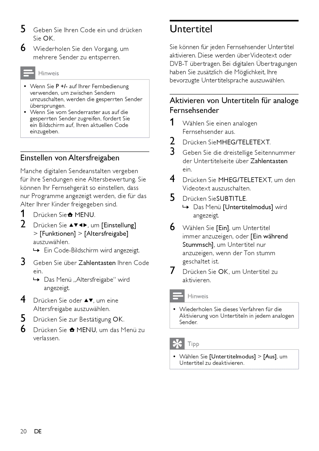 Philips 42PFL3604D/12 manual Einstellen von Altersfreigaben, Aktivieren von Untertiteln für analoge Fernsehsender 