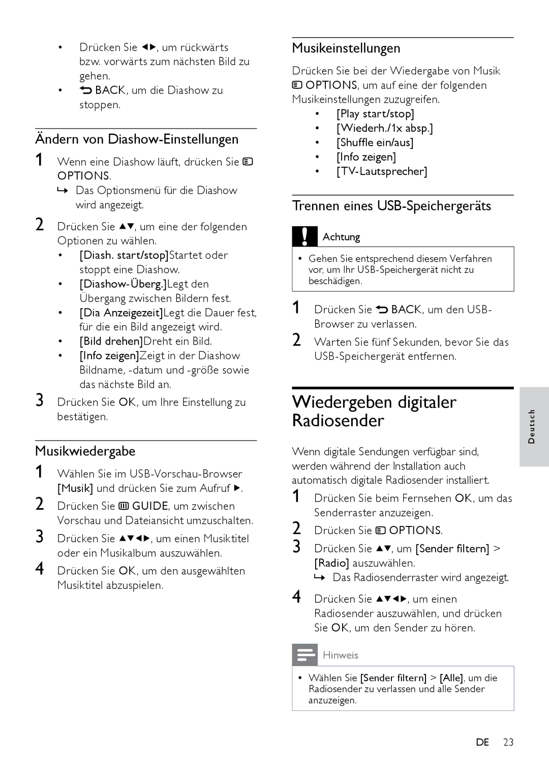 Philips 22PFL3404D/12, 42PFL3604D/12 Wiedergeben digitaler Radiosender, Ändern von Diashow-Einstellungen, Musikwiedergabe 