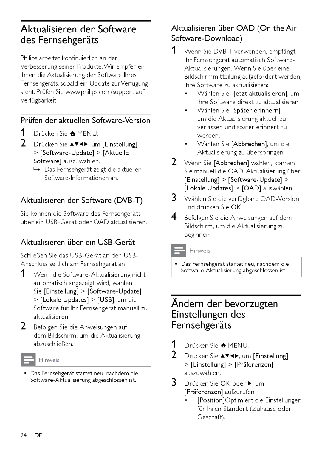 Philips 22PFL3404H/12 Aktualisieren der Software des Fernsehgeräts, Ändern der bevorzugten Einstellungen des Fernsehgeräts 