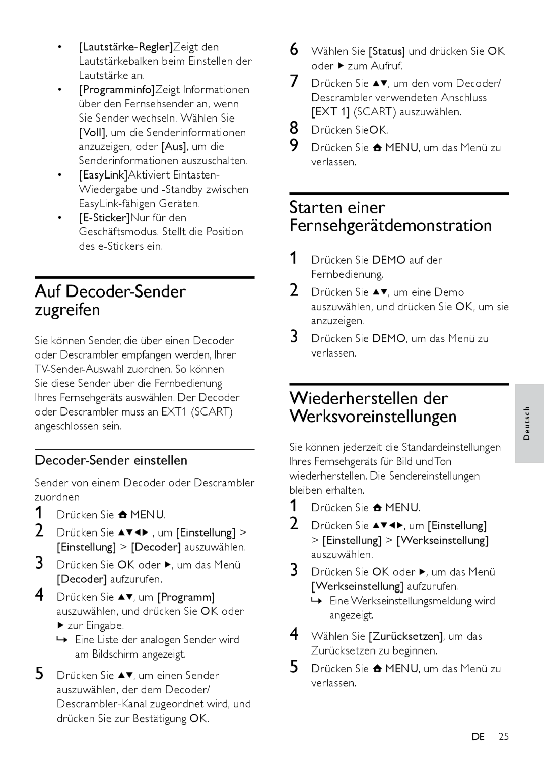 Philips 19PFL3404H/12 manual Wiederherstellen der Werksvoreinstellungen, Auf Decoder-Sender zugreifen, Starten einer 