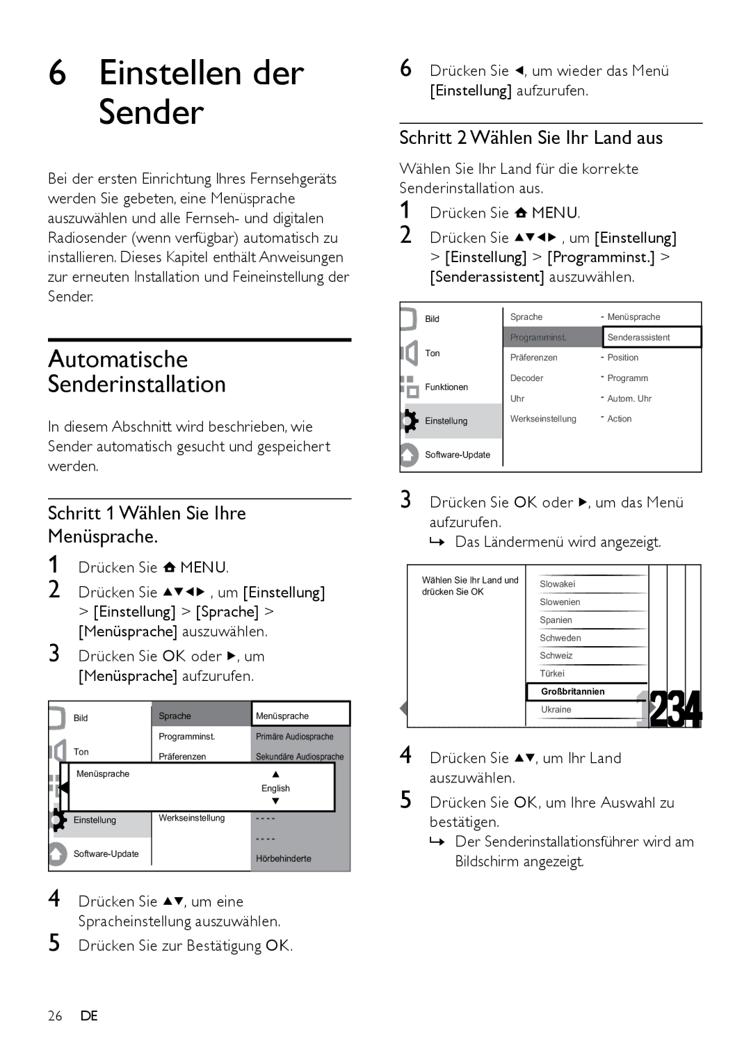 Philips 26PFL3404H/12 manual Einstellen der Sender, Automatische Senderinstallation, Schritt 2 Wählen Sie Ihr Land aus 