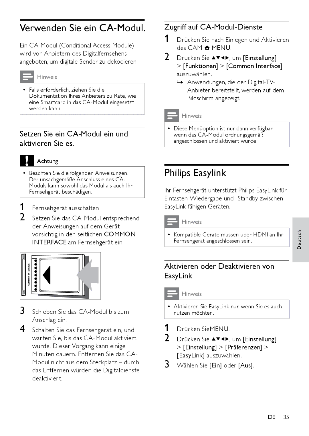 Philips 22PFL3404H/12 Verwenden Sie ein CA-Modul, Philips Easylink, Setzen Sie ein CA-Modul ein und aktivieren Sie es 