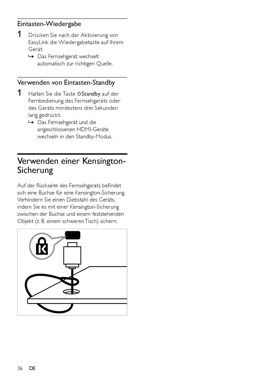 Philips 19PFL3404H/12 manual Verwenden einer Kensington- Sicherung, Eintasten-Wiedergabe, Verwenden von Eintasten-Standby 