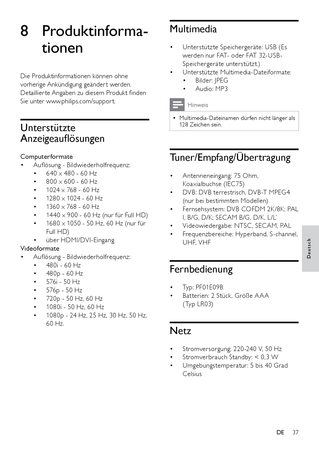 Philips 26PFL3404H/12, 42PFL3604D/12 manual Unterstützte Anzeigeauflösungen, Multimedia, Tuner/Empfang/Übertragung, Netz 