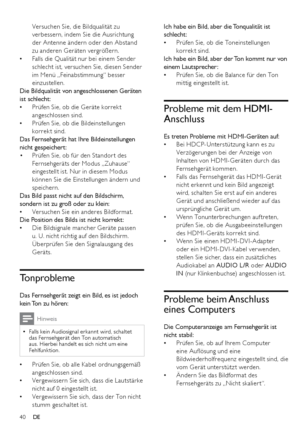 Philips 32PFL3404D/12 manual Tonprobleme, Probleme mit dem HDMI- Anschluss, Probleme beim Anschluss eines Computers 