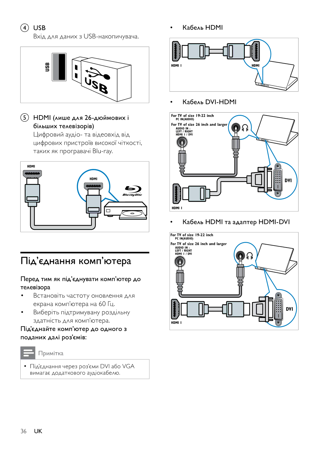 Philips 42PFL3604H/12, 32PFL3404H/12 manual Під’єднання комп’ютера, Кабель Hdmi та адаптер HDMI-DVI 