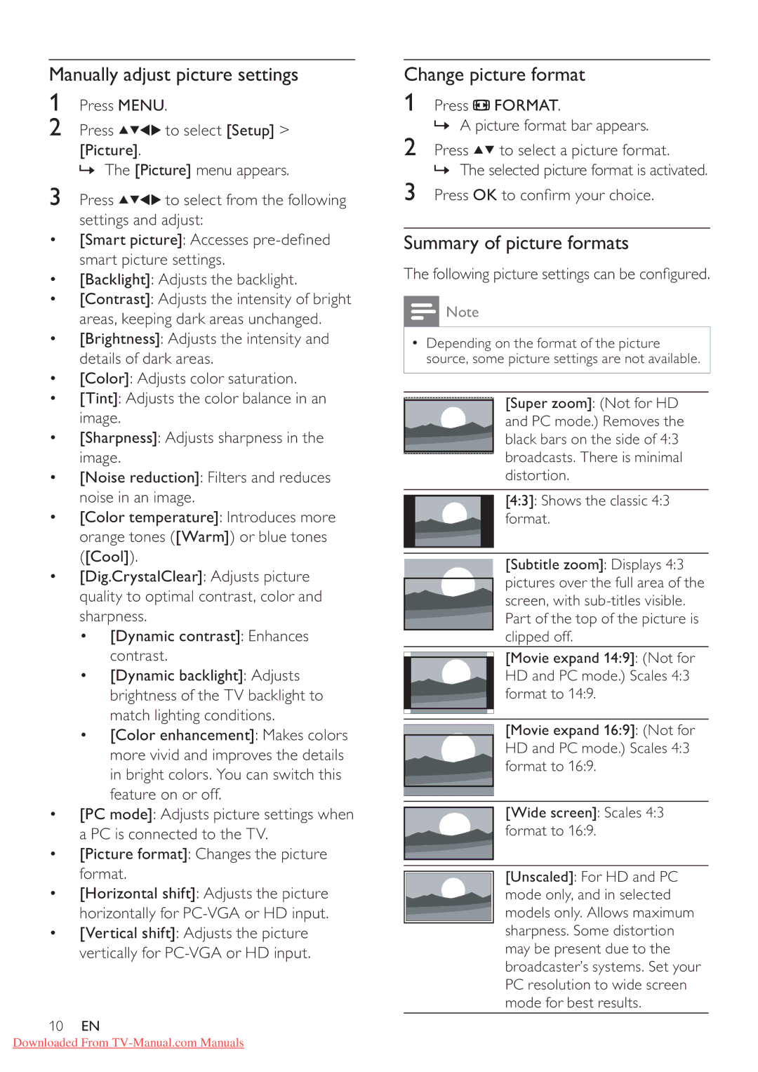 Philips 42PFL3605/77, 42PFL3615/77 Manually adjust picture settings, Change picture format, Summary of picture formats 