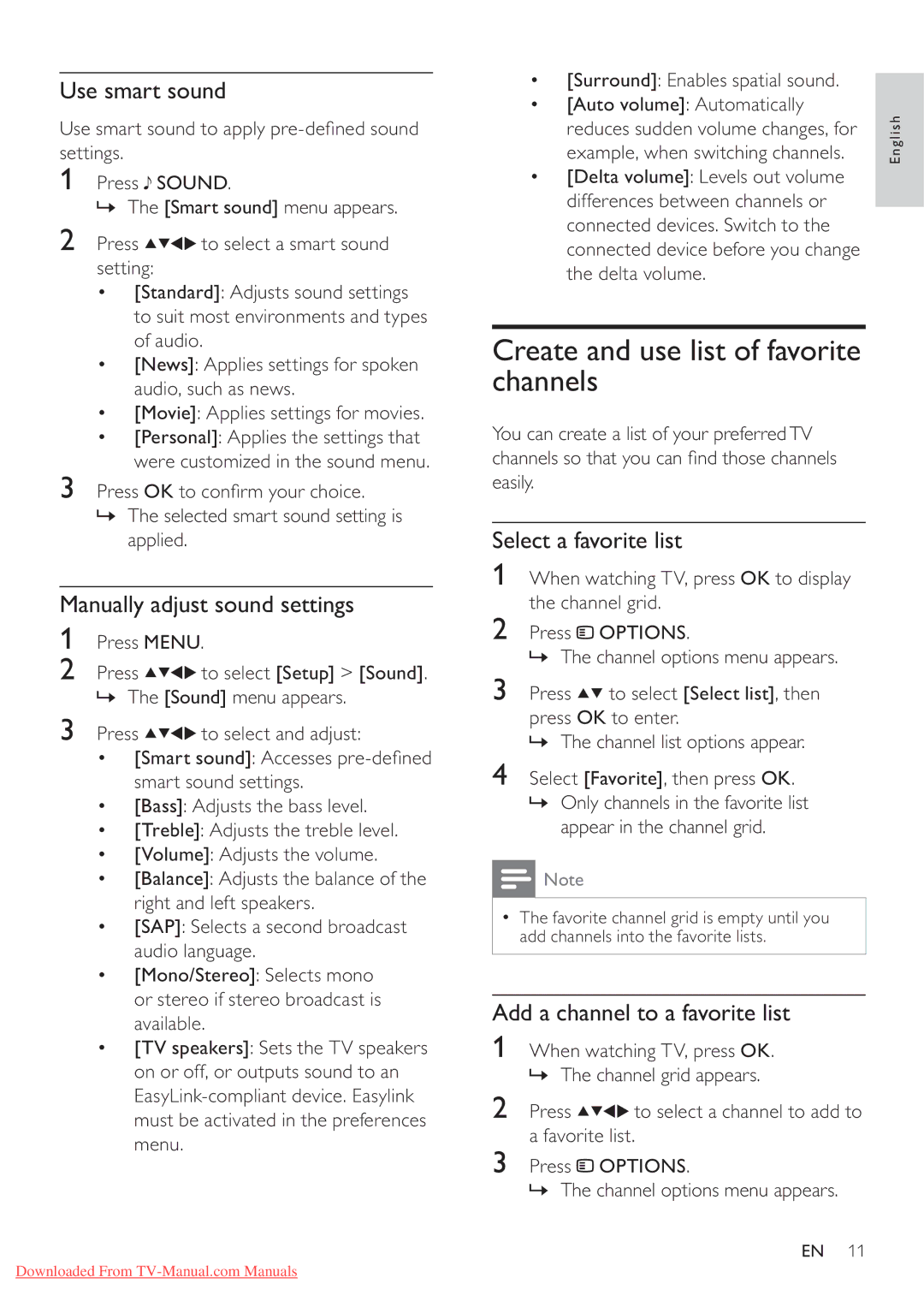 Philips 42PFL3615/77 user manual Create and use list of favorite channels, Use smart sound, Manually adjust sound settings 