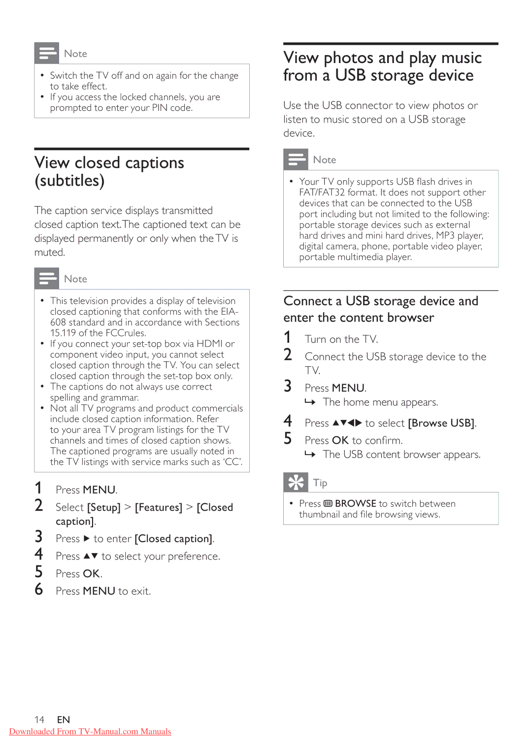 Philips 42PFL3605/77 user manual View closed captions subtitles, Connect a USB storage device and enter the content browser 