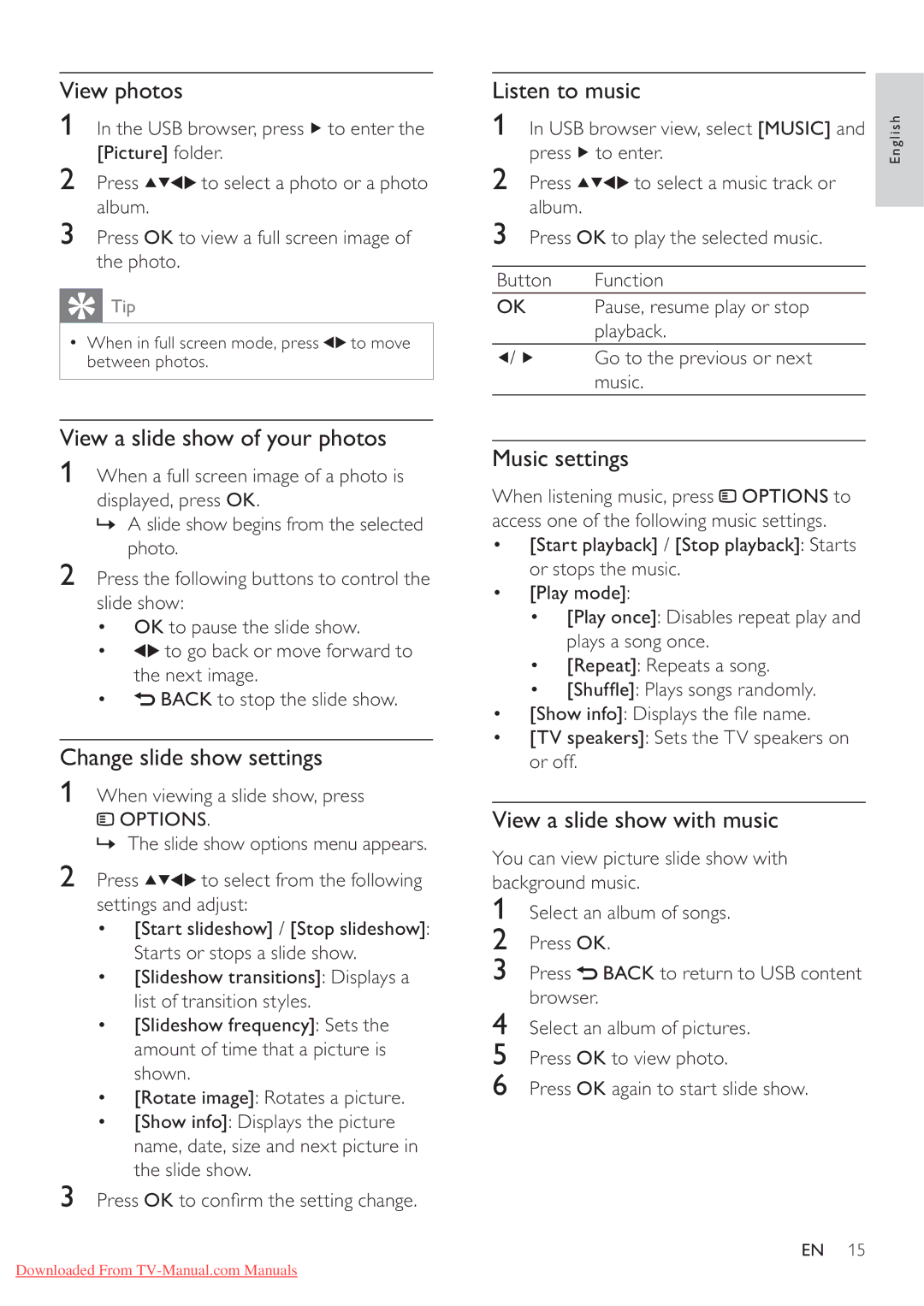 Philips 42PFL3615/77 user manual View photos, View a slide show of your photos, Change slide show settings, Listen to music 