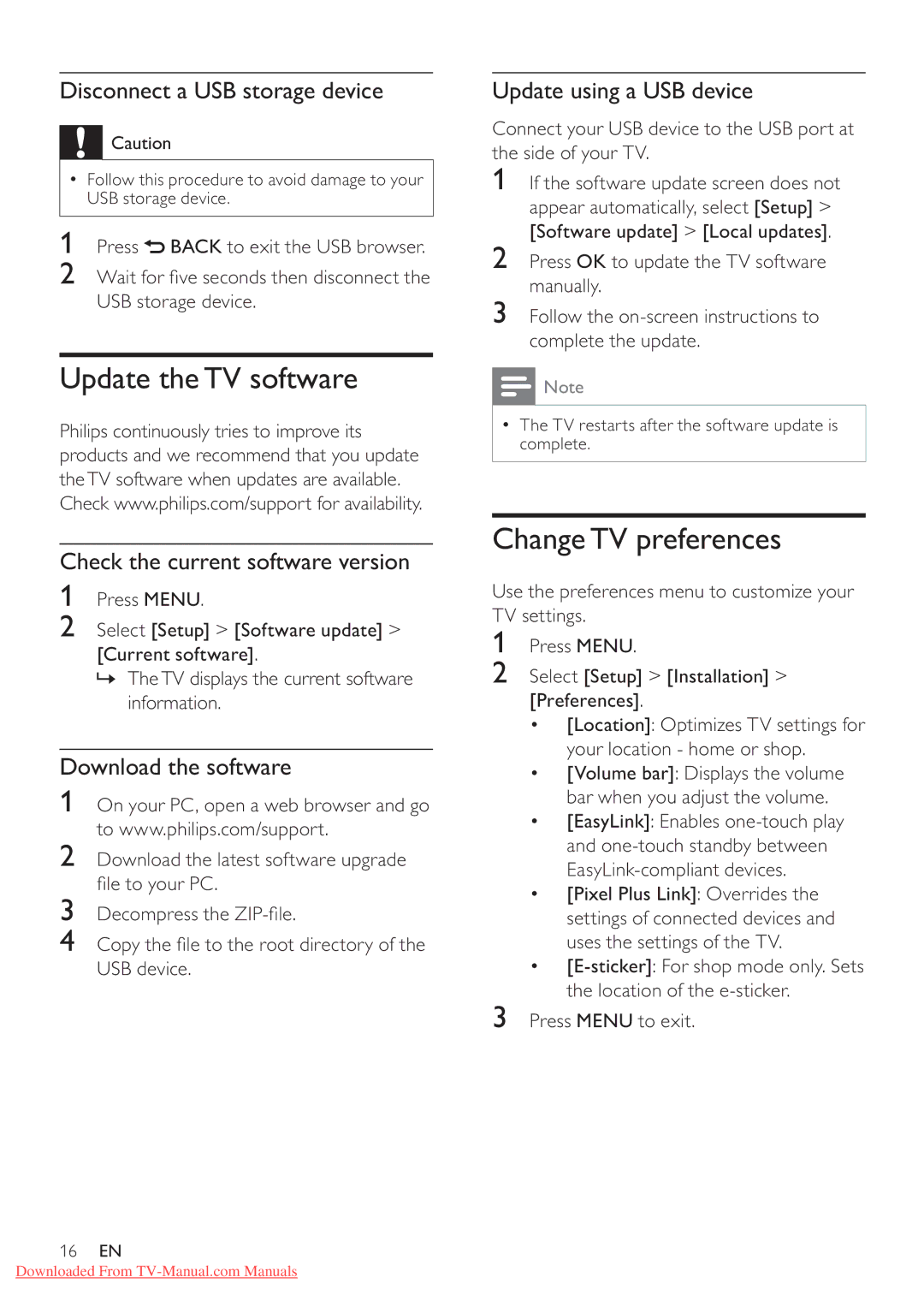 Philips 32PFL3615/77, 42PFL3605/77, 42PFL3615/77, 32PFL3605/77 user manual Update the TV software, Change TV preferences 